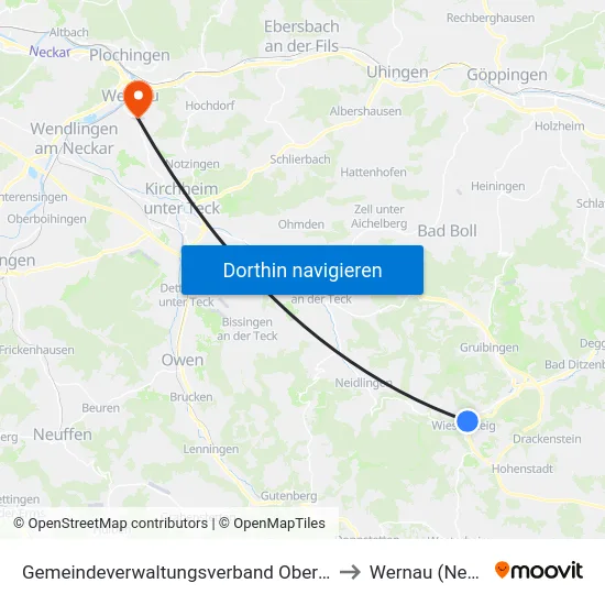 Gemeindeverwaltungsverband Oberes Filstal to Wernau (Neckar) map