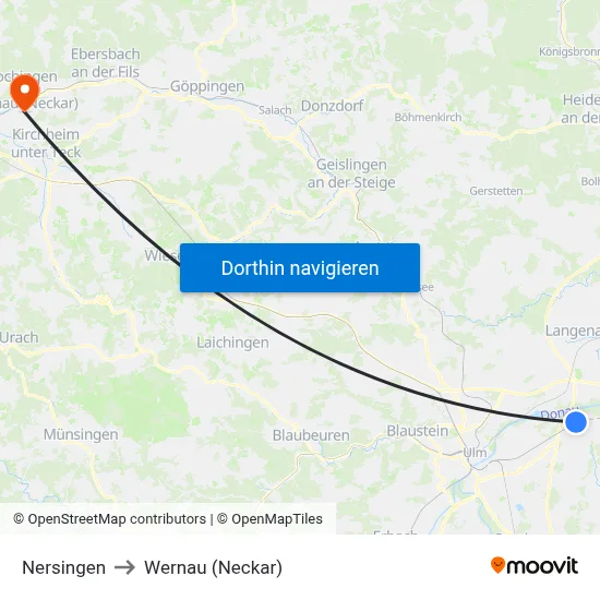 Nersingen to Wernau (Neckar) map