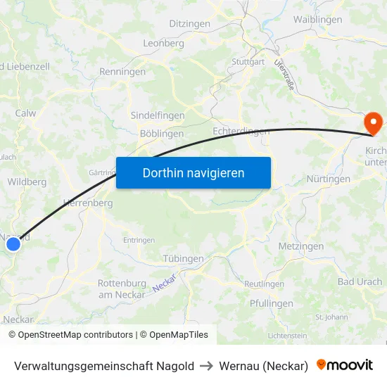 Verwaltungsgemeinschaft Nagold to Wernau (Neckar) map