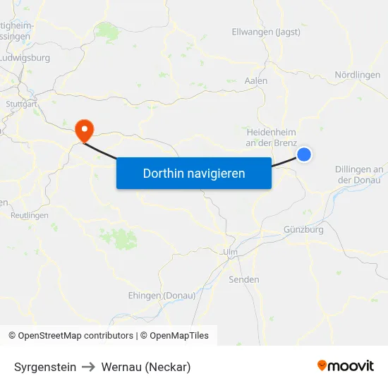 Syrgenstein to Wernau (Neckar) map