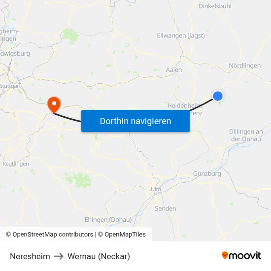 Neresheim to Wernau (Neckar) map