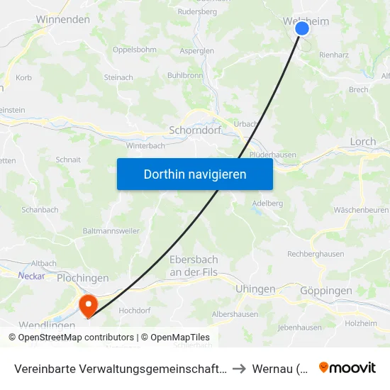 Vereinbarte Verwaltungsgemeinschaft Der Stadt Welzheim to Wernau (Neckar) map