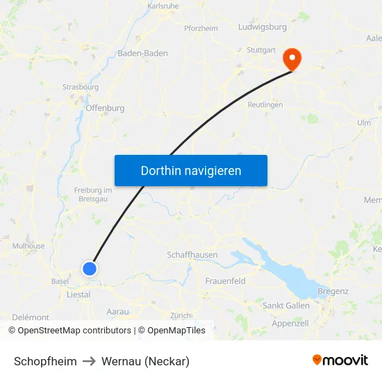 Schopfheim to Wernau (Neckar) map
