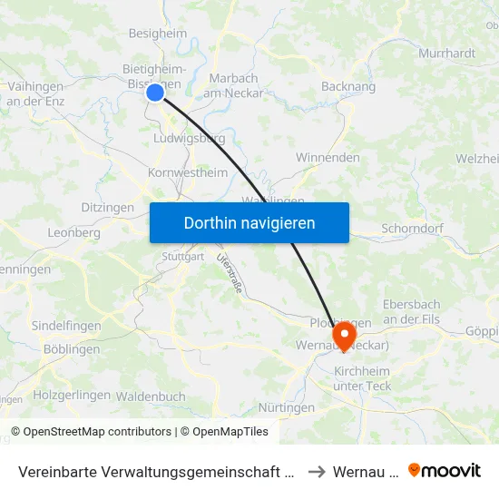 Vereinbarte Verwaltungsgemeinschaft Der Stadt Bietigheim-Bissingen to Wernau (Neckar) map