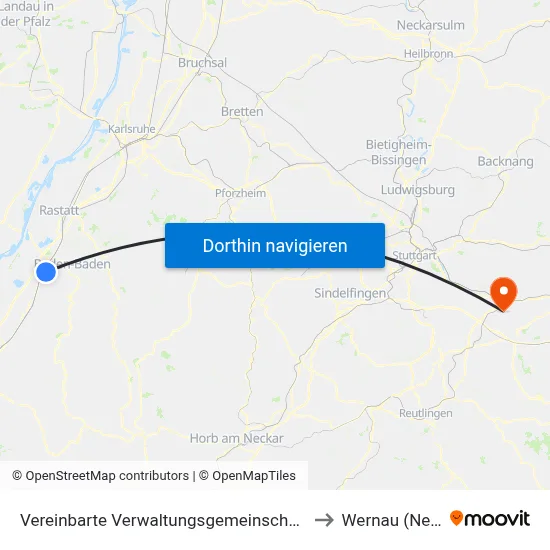 Vereinbarte Verwaltungsgemeinschaft Sinzheim to Wernau (Neckar) map