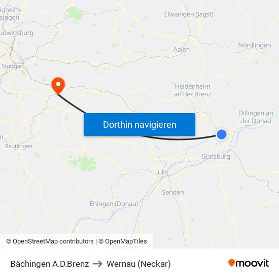 Bächingen A.D.Brenz to Wernau (Neckar) map