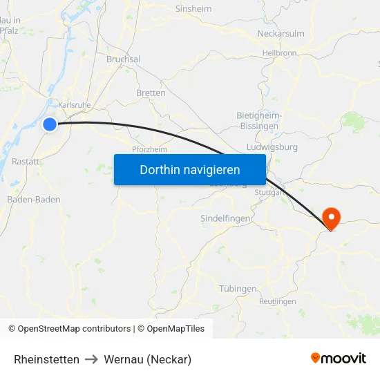 Rheinstetten to Wernau (Neckar) map