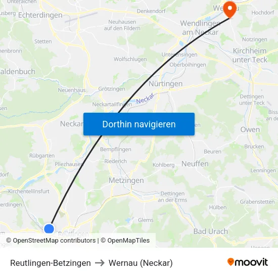 Reutlingen-Betzingen to Wernau (Neckar) map