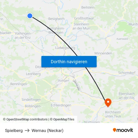 Spielberg to Wernau (Neckar) map