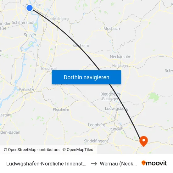 Ludwigshafen-Nördliche Innenstadt to Wernau (Neckar) map