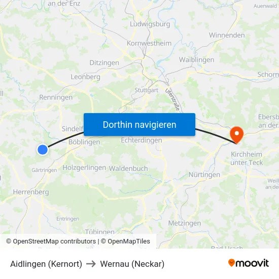 Aidlingen (Kernort) to Wernau (Neckar) map
