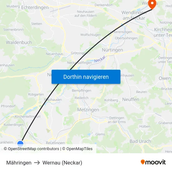 Mähringen to Wernau (Neckar) map
