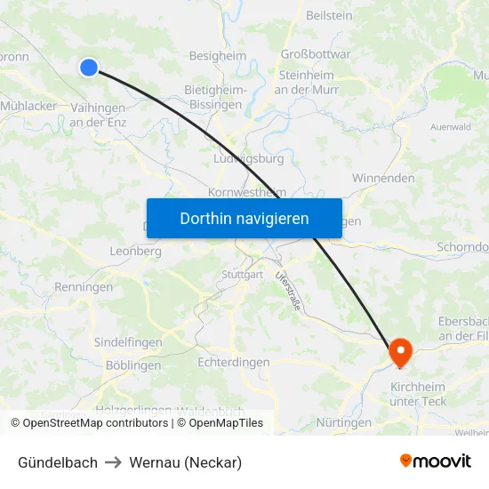 Gündelbach to Wernau (Neckar) map