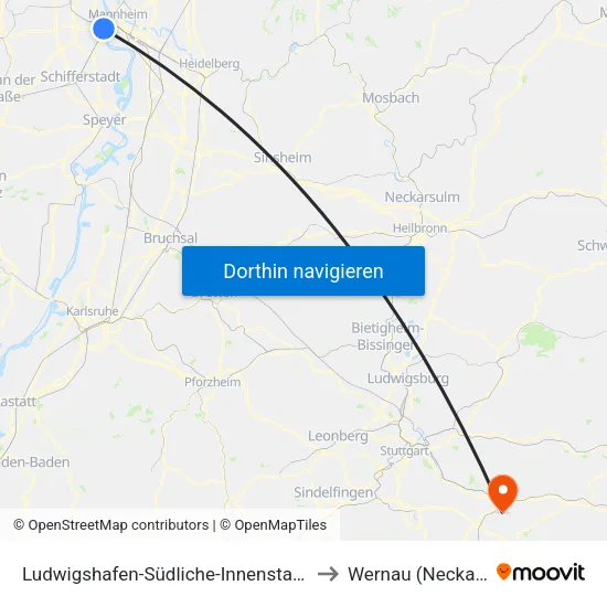 Ludwigshafen-Südliche-Innenstadt to Wernau (Neckar) map