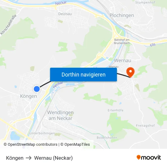 Köngen to Wernau (Neckar) map