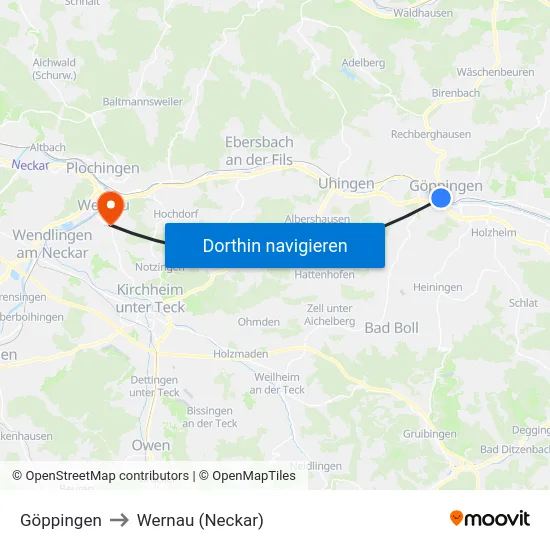 Göppingen to Wernau (Neckar) map