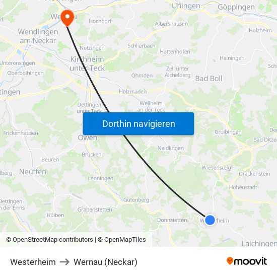 Westerheim to Wernau (Neckar) map