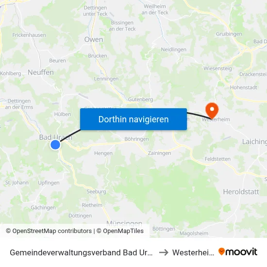 Gemeindeverwaltungsverband Bad Urach to Westerheim map