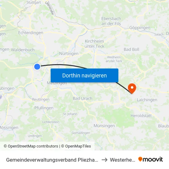 Gemeindeverwaltungsverband Pliezhausen to Westerheim map