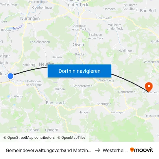 Gemeindeverwaltungsverband Metzingen to Westerheim map