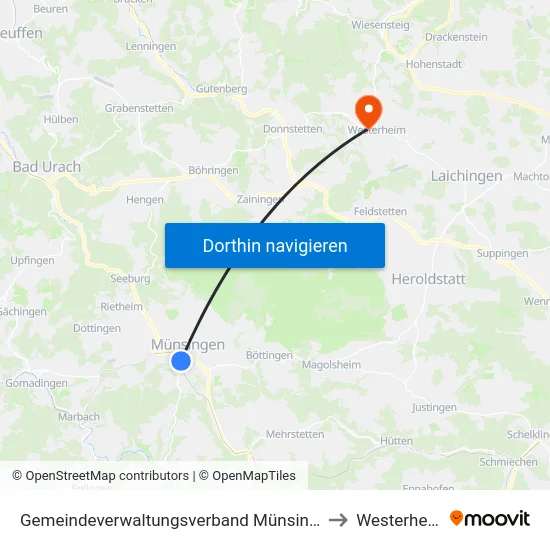Gemeindeverwaltungsverband Münsingen to Westerheim map