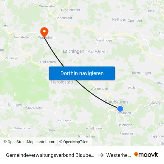 Gemeindeverwaltungsverband Blaubeuren to Westerheim map