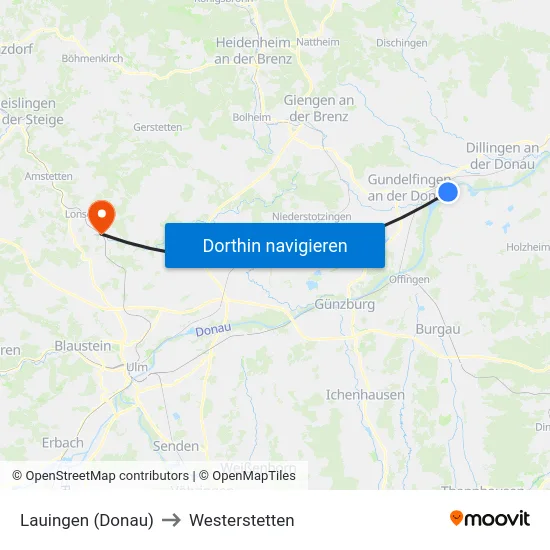Lauingen (Donau) to Westerstetten map