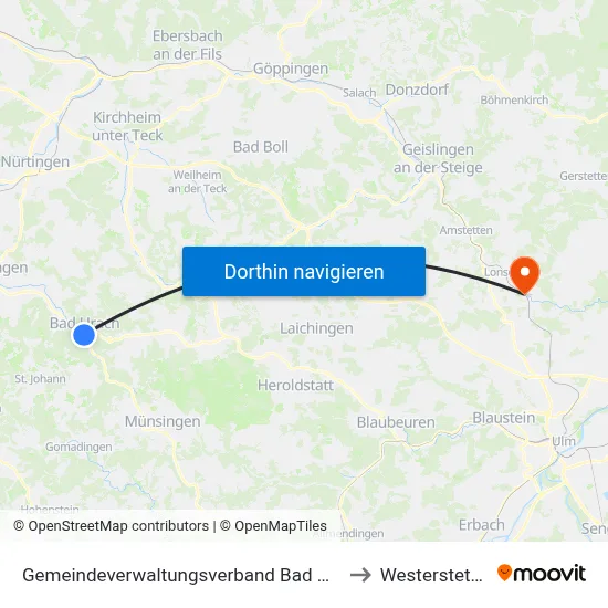 Gemeindeverwaltungsverband Bad Urach to Westerstetten map