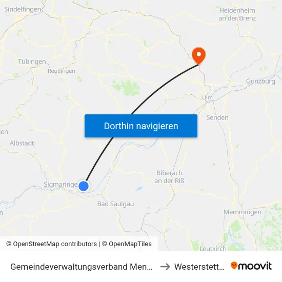 Gemeindeverwaltungsverband Mengen to Westerstetten map