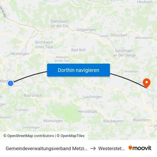 Gemeindeverwaltungsverband Metzingen to Westerstetten map