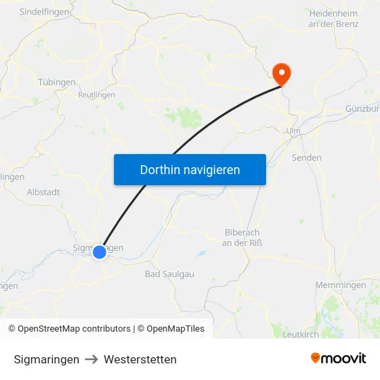 Sigmaringen to Westerstetten map