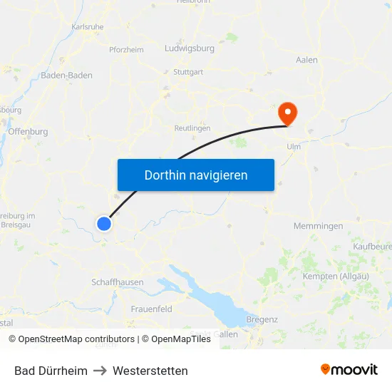 Bad Dürrheim to Westerstetten map