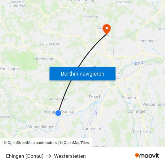 Ehingen (Donau) to Westerstetten map