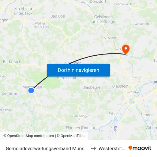 Gemeindeverwaltungsverband Münsingen to Westerstetten map