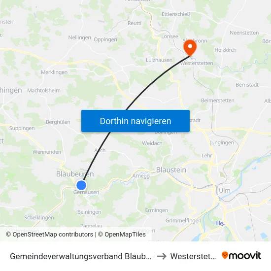 Gemeindeverwaltungsverband Blaubeuren to Westerstetten map