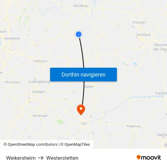 Weikersheim to Westerstetten map