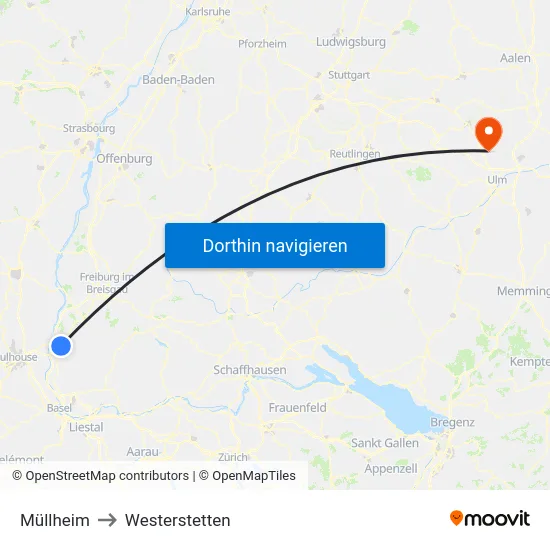 Müllheim to Westerstetten map
