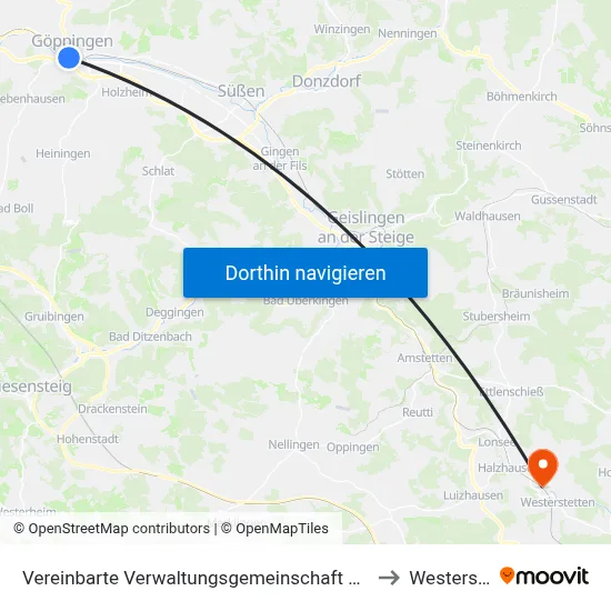 Vereinbarte Verwaltungsgemeinschaft Der Stadt Göppingen to Westerstetten map