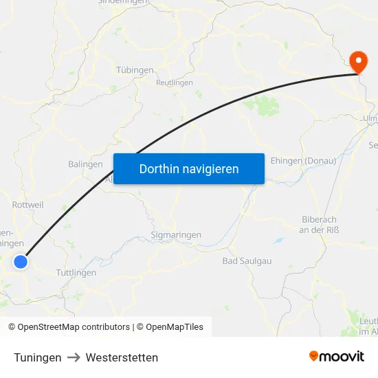 Tuningen to Westerstetten map