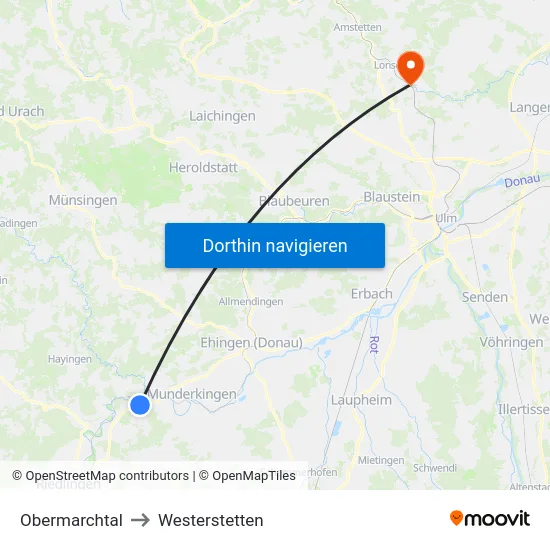 Obermarchtal to Westerstetten map