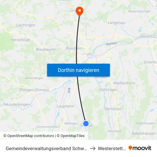 Gemeindeverwaltungsverband Schwendi to Westerstetten map