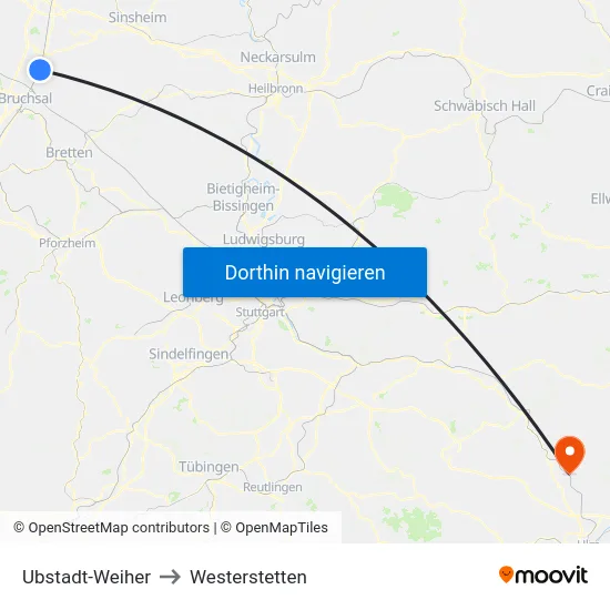 Ubstadt-Weiher to Westerstetten map
