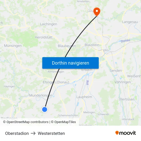 Oberstadion to Westerstetten map