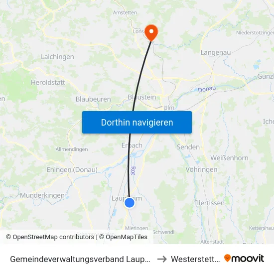 Gemeindeverwaltungsverband Laupheim to Westerstetten map