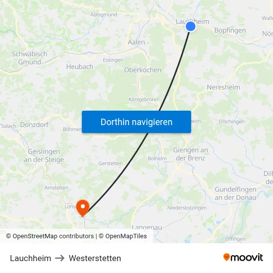 Lauchheim to Westerstetten map