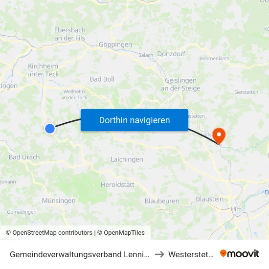 Gemeindeverwaltungsverband Lenningen to Westerstetten map