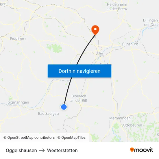 Oggelshausen to Westerstetten map