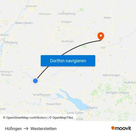 Hüfingen to Westerstetten map