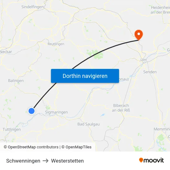 Schwenningen to Westerstetten map