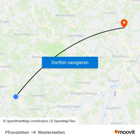 Pfronstetten to Westerstetten map